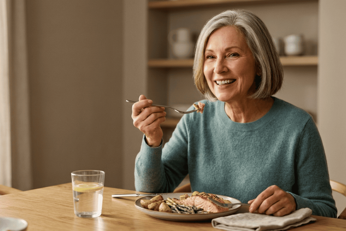Smiling senior woman in a teal sweater eating a salmon lunch with potatoes and asparagus at a wooden table.