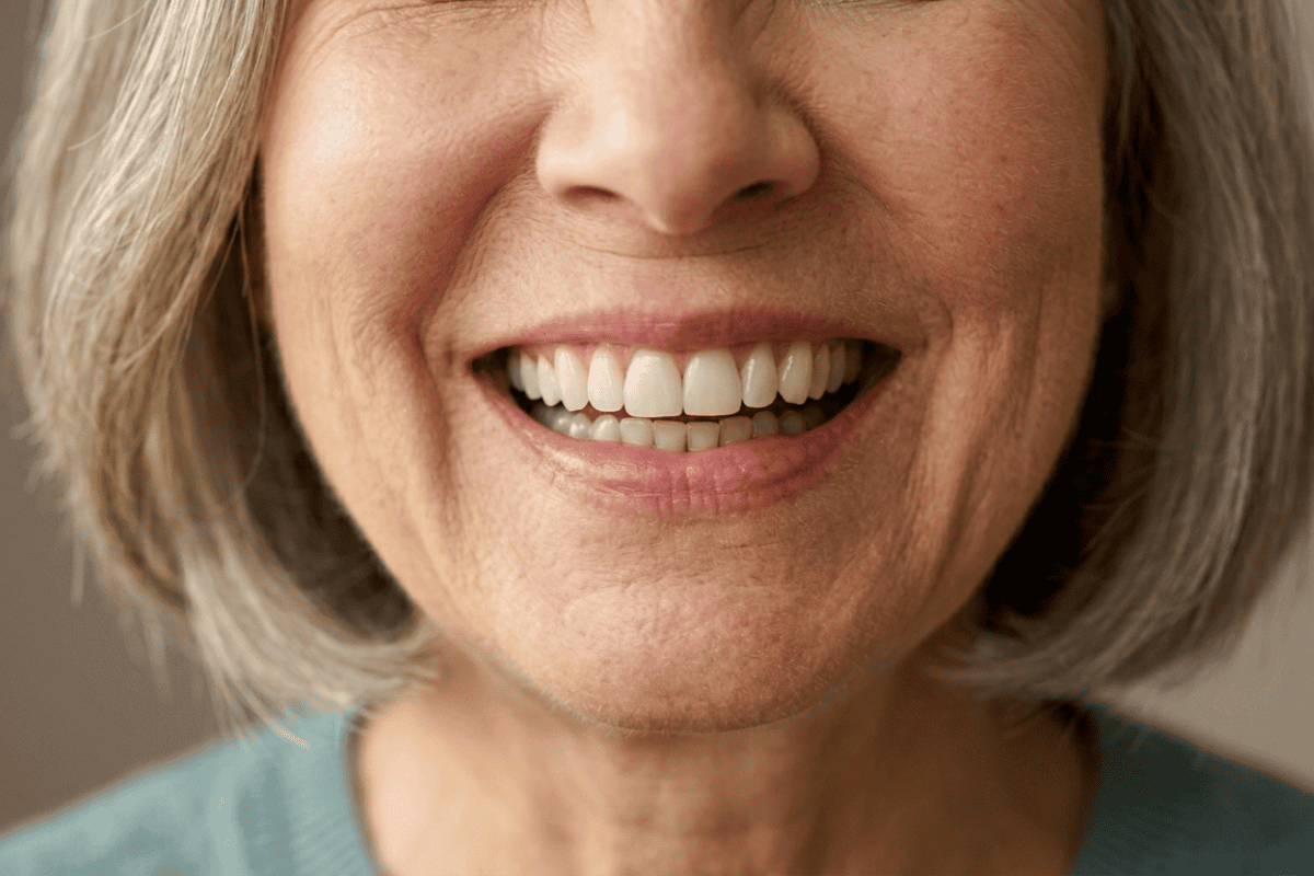 Close-up of a smiling woman's mouth, showing white teeth and pink lips.