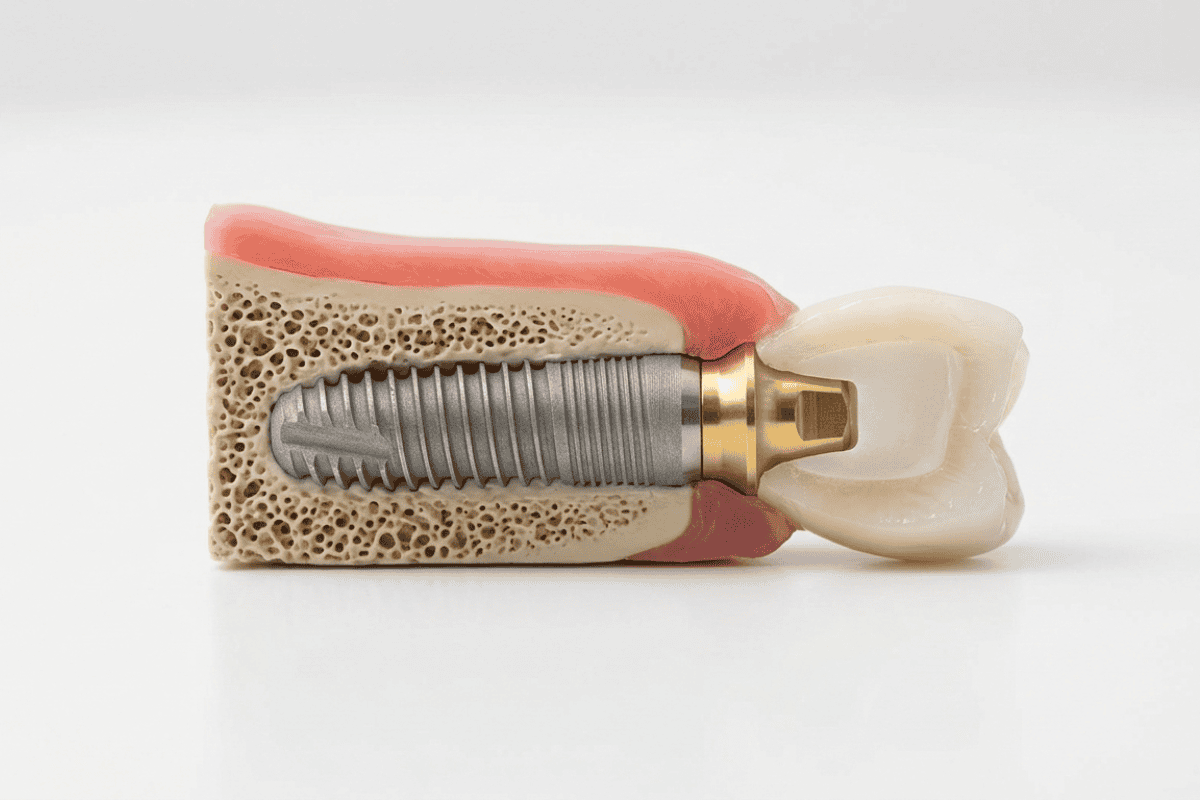 Cross-section of a dental implant in jawbone: a titanium implant with abutment embedded in porous bone, surrounded by pink gum with a natural tooth nearby for scale (educational model).